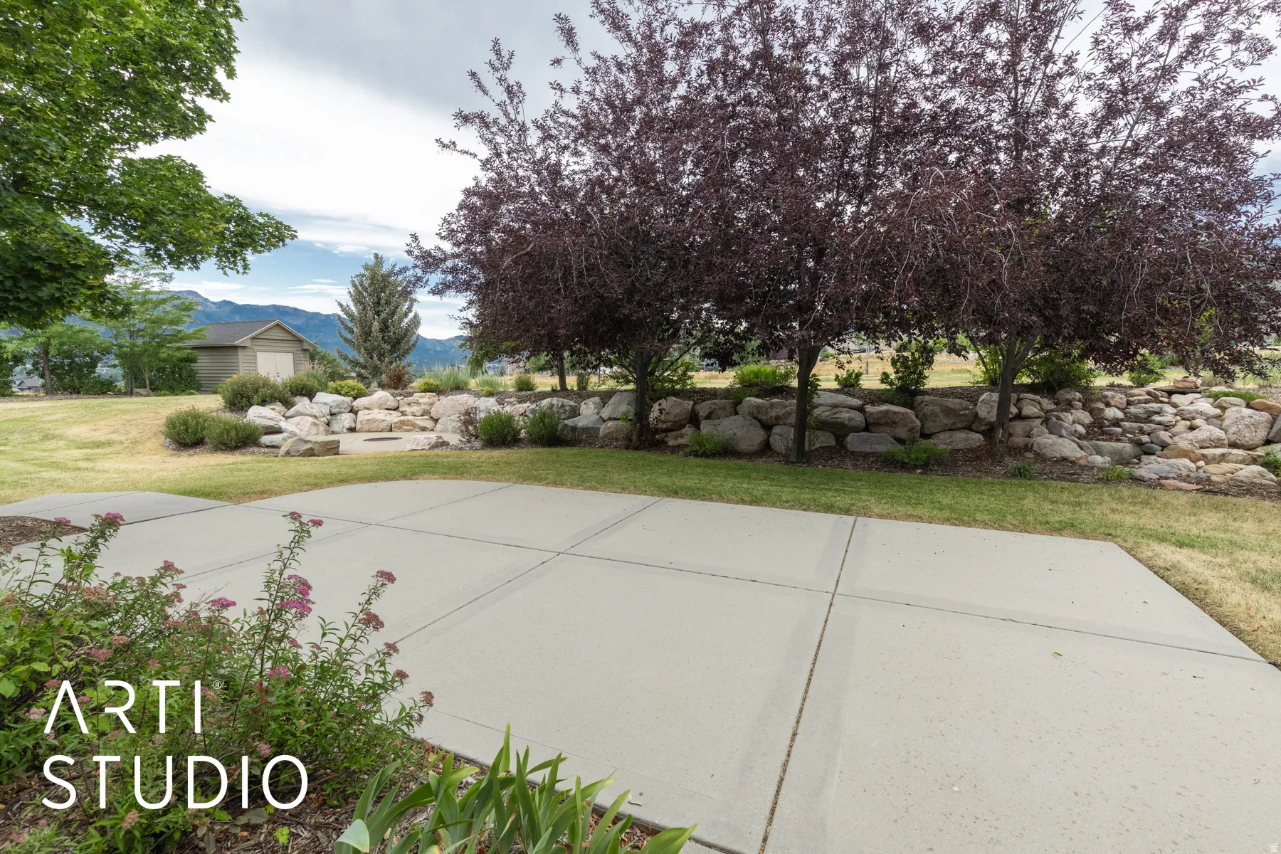 View of patio with a mountain view