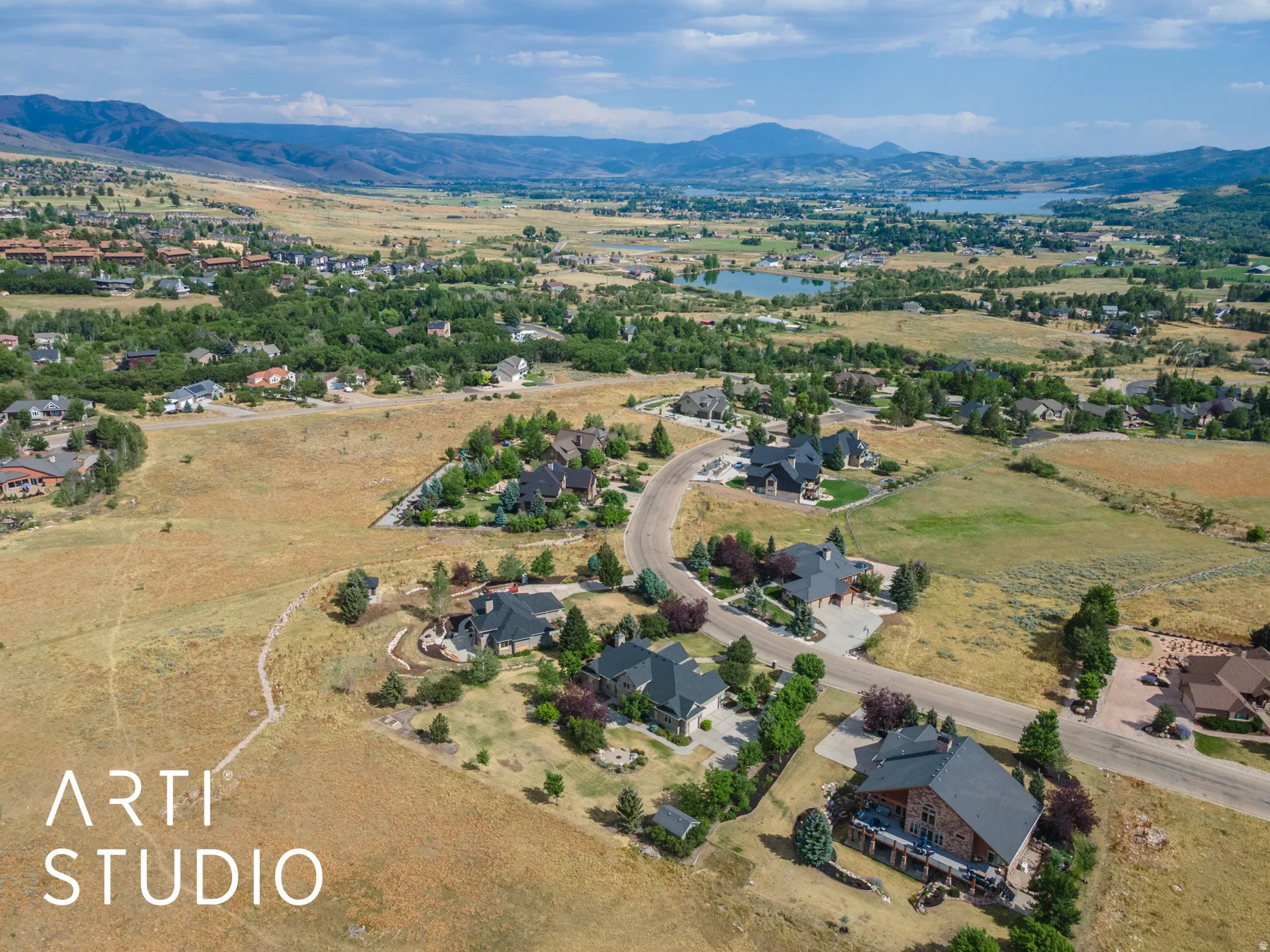 Aerial view of a water and mountain view