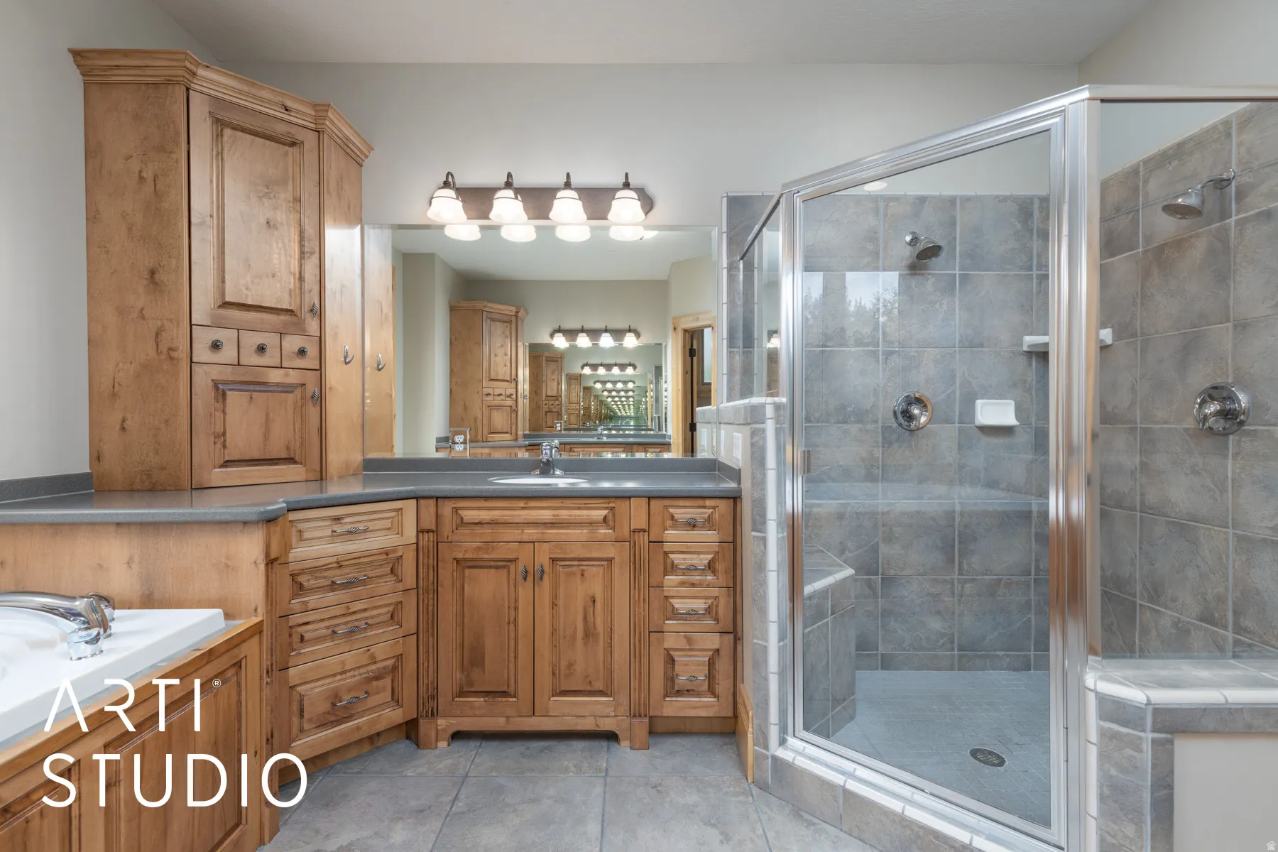 Bathroom with vanity, light tile patterned flooring, a stall shower, and a bath