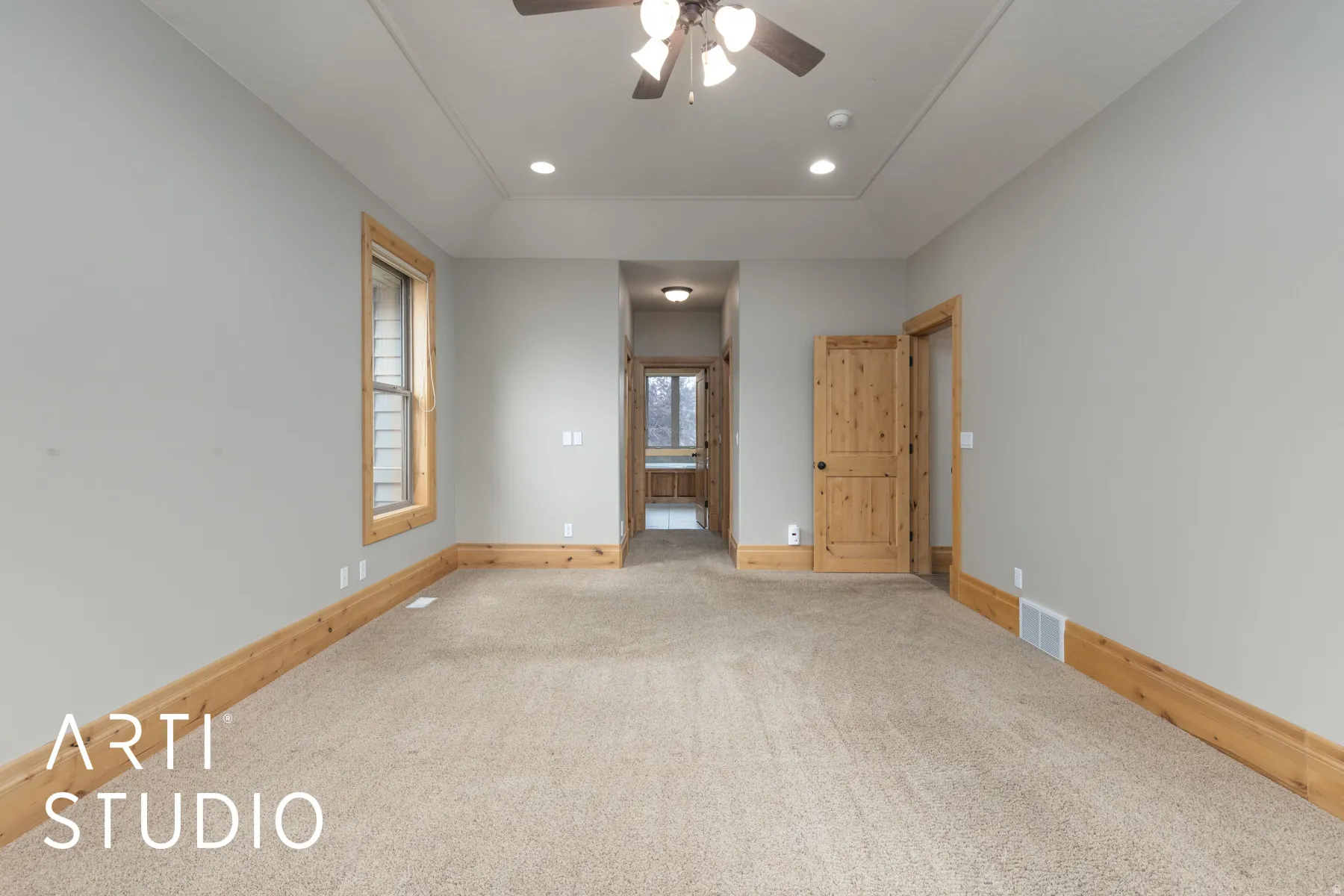 Unfurnished room with a ceiling fan, recessed lighting, and carpet