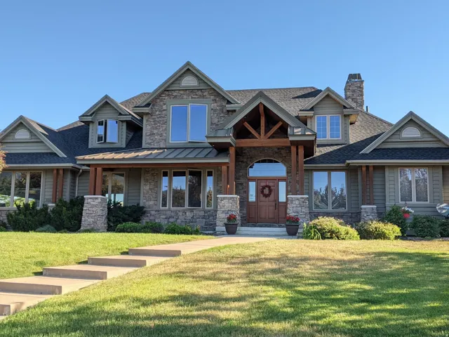 Craftsman inspired home with roof with shingles, a front lawn, stone siding, and a chimney