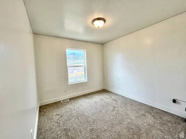 Empty room featuring a textured ceiling and carpet
