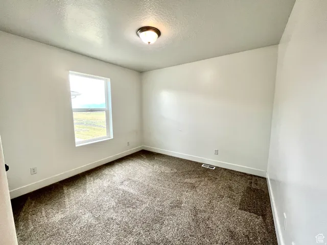 Carpeted empty room with a textured ceiling and baseboards