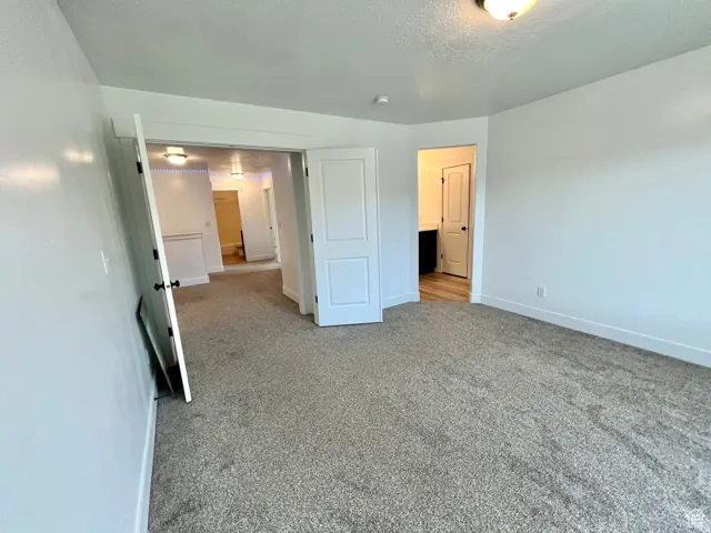 Unfurnished bedroom featuring carpet and a textured ceiling