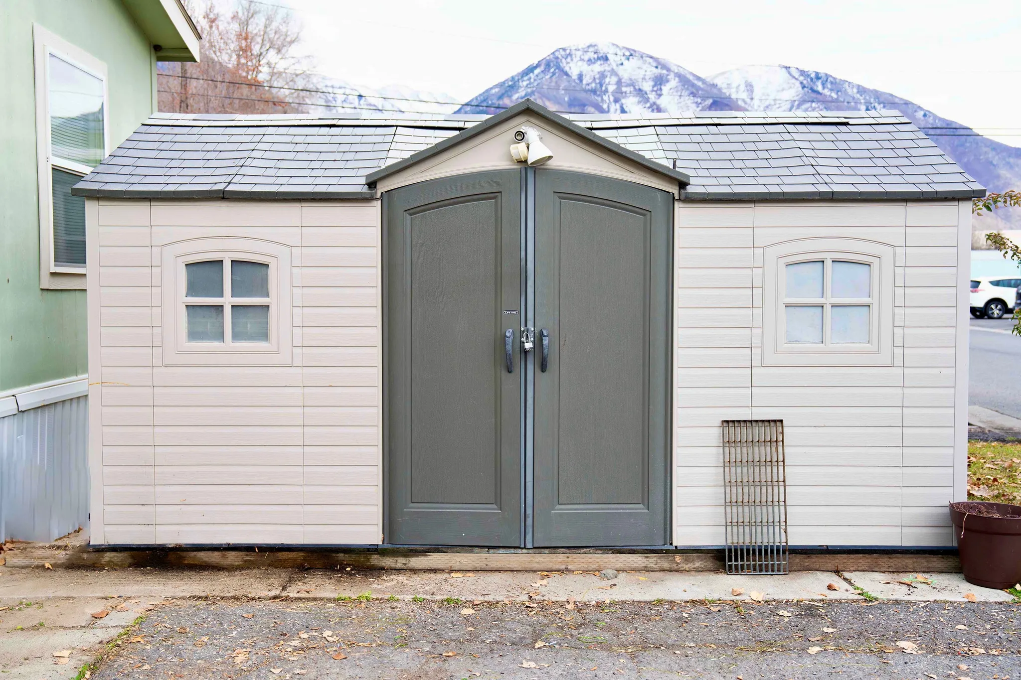 View of shed with a mountain view