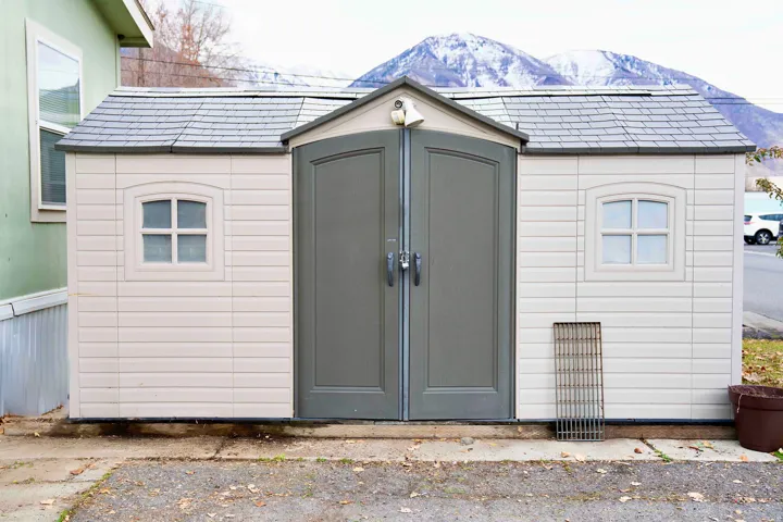 View of shed with a mountain view