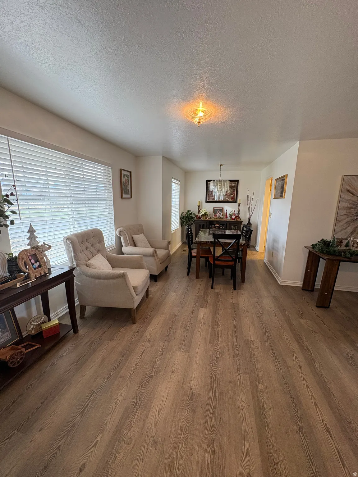 Living area with a textured ceiling and wood finished floors