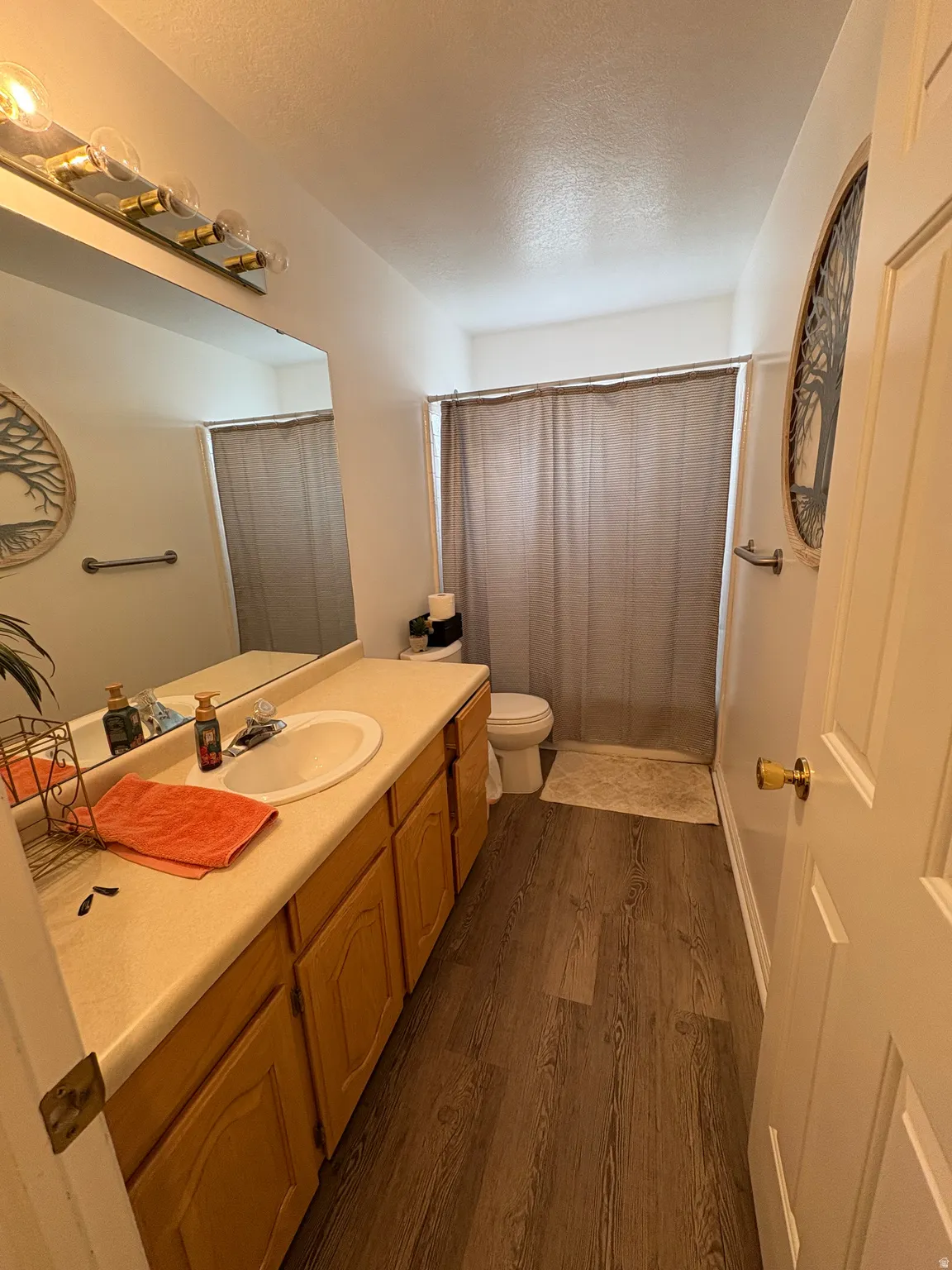 Bathroom with dark wood-style floors, a shower with curtain, vanity, and a textured ceiling