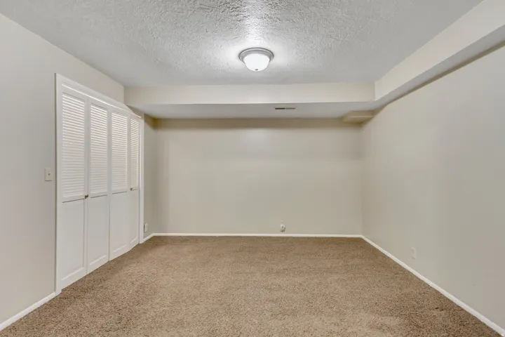 Unfurnished room with a textured ceiling, light colored carpet, and a closet