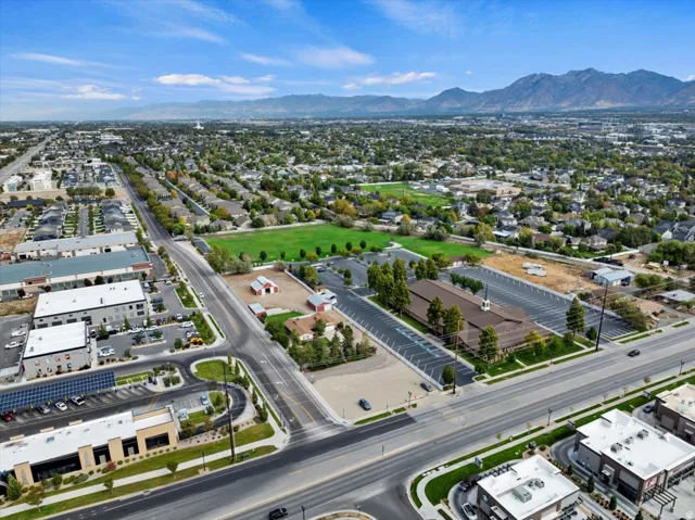 Aerial view of residential area with a mountain backdrop