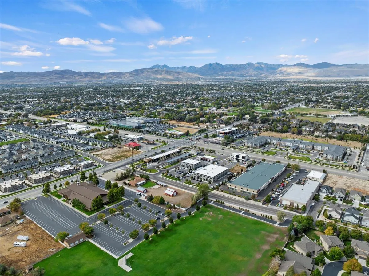 Aerial overview of property's location with a mountain backdrop