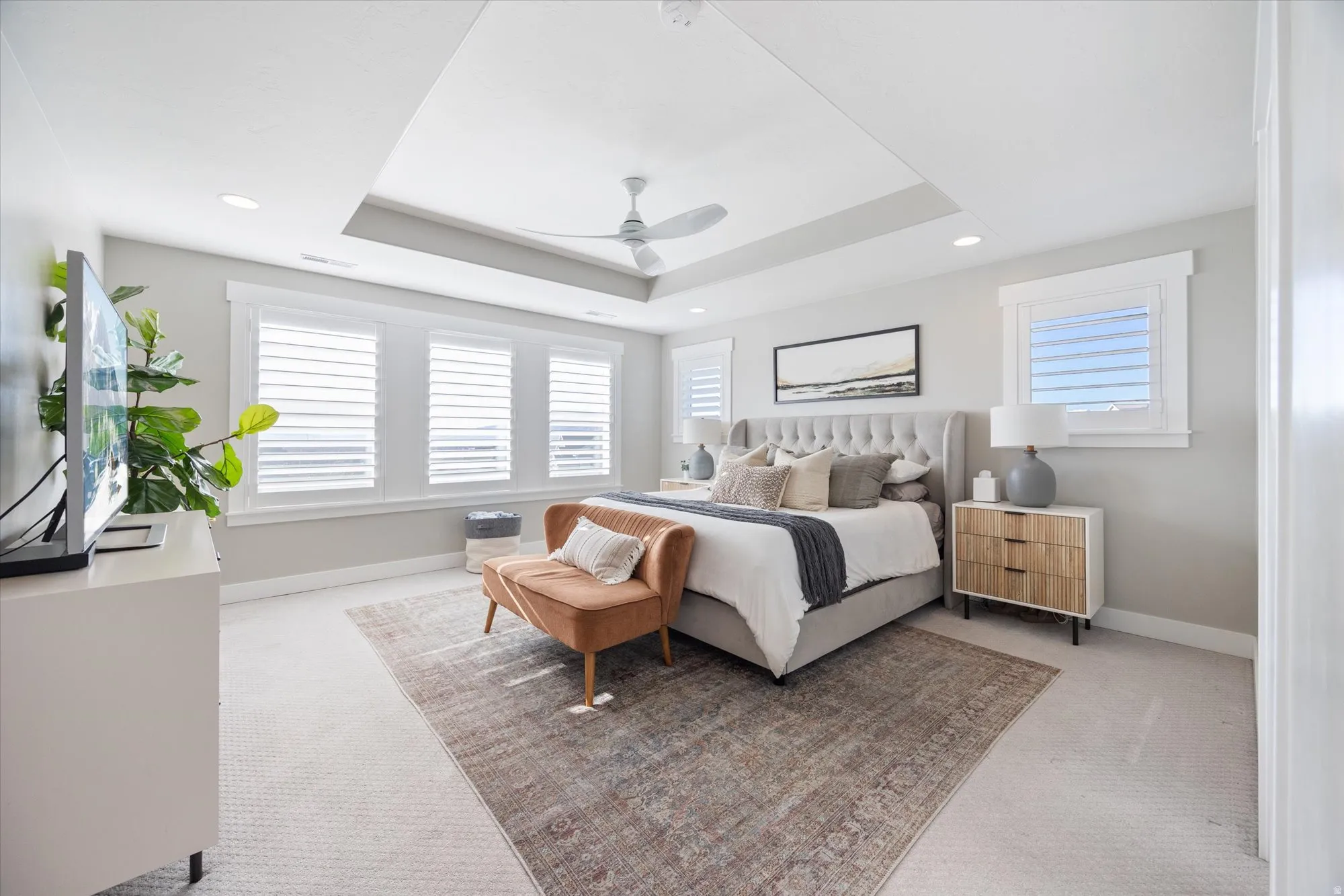 Primary bedroom featuring a tray ceiling, lots of natural light a large walk-in closet