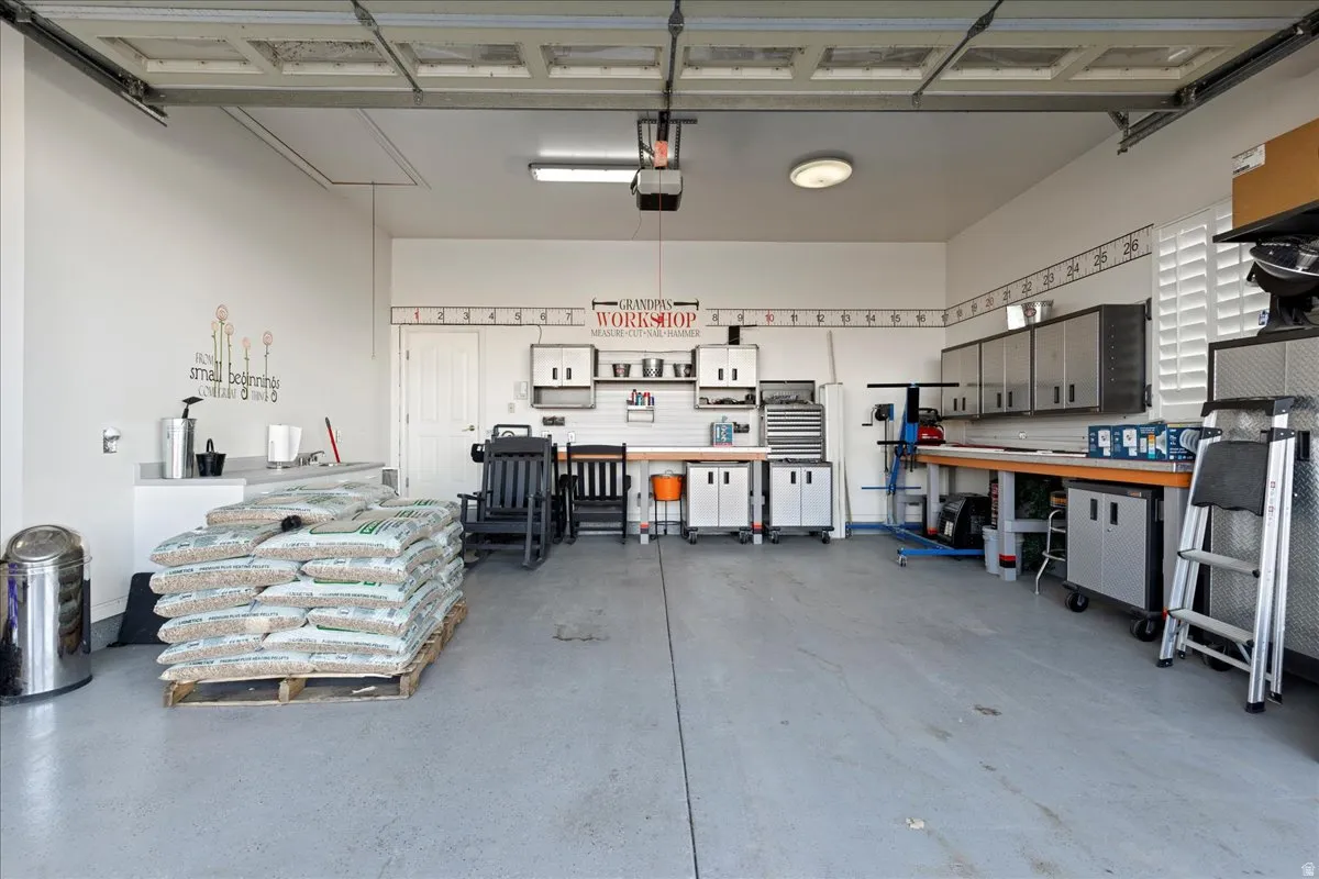 Garage featuring a workshop area