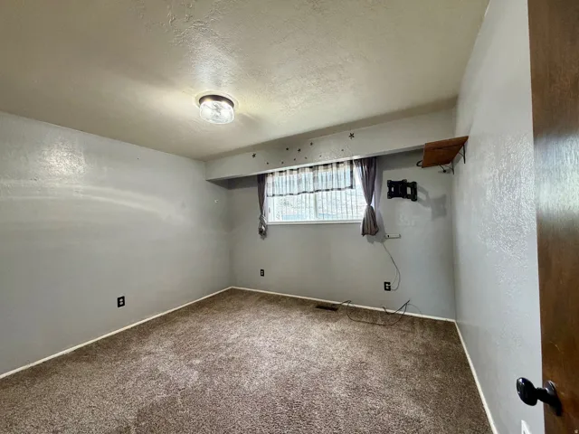 Carpeted empty room with a textured ceiling and a textured wall