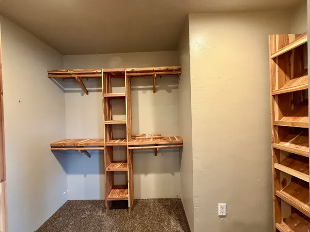 Walk in closet featuring dark carpet