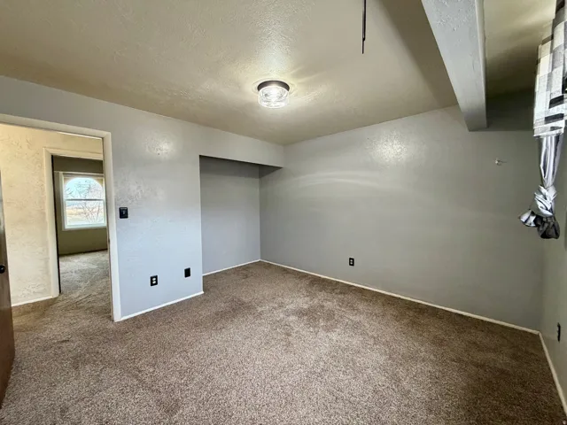 Unfurnished bedroom with a textured wall, carpet, and a textured ceiling