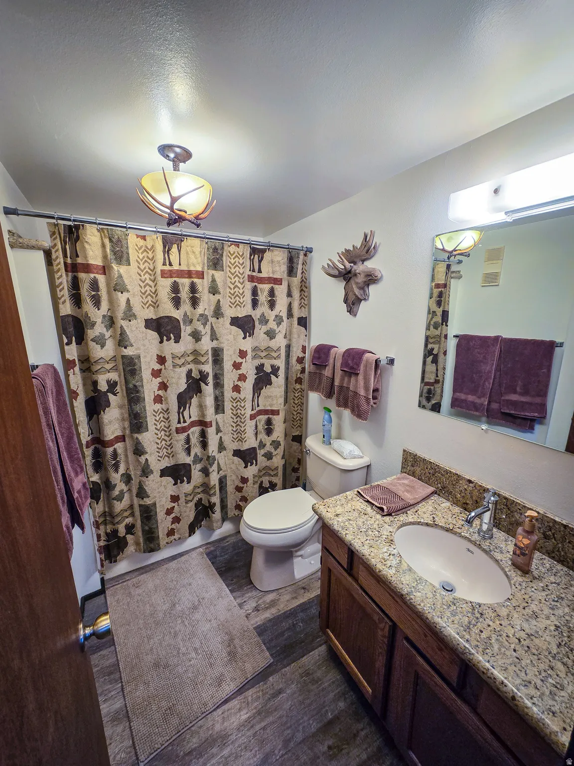 Full bathroom featuring curtained shower, vanity, dark wood-style flooring, and a textured ceiling