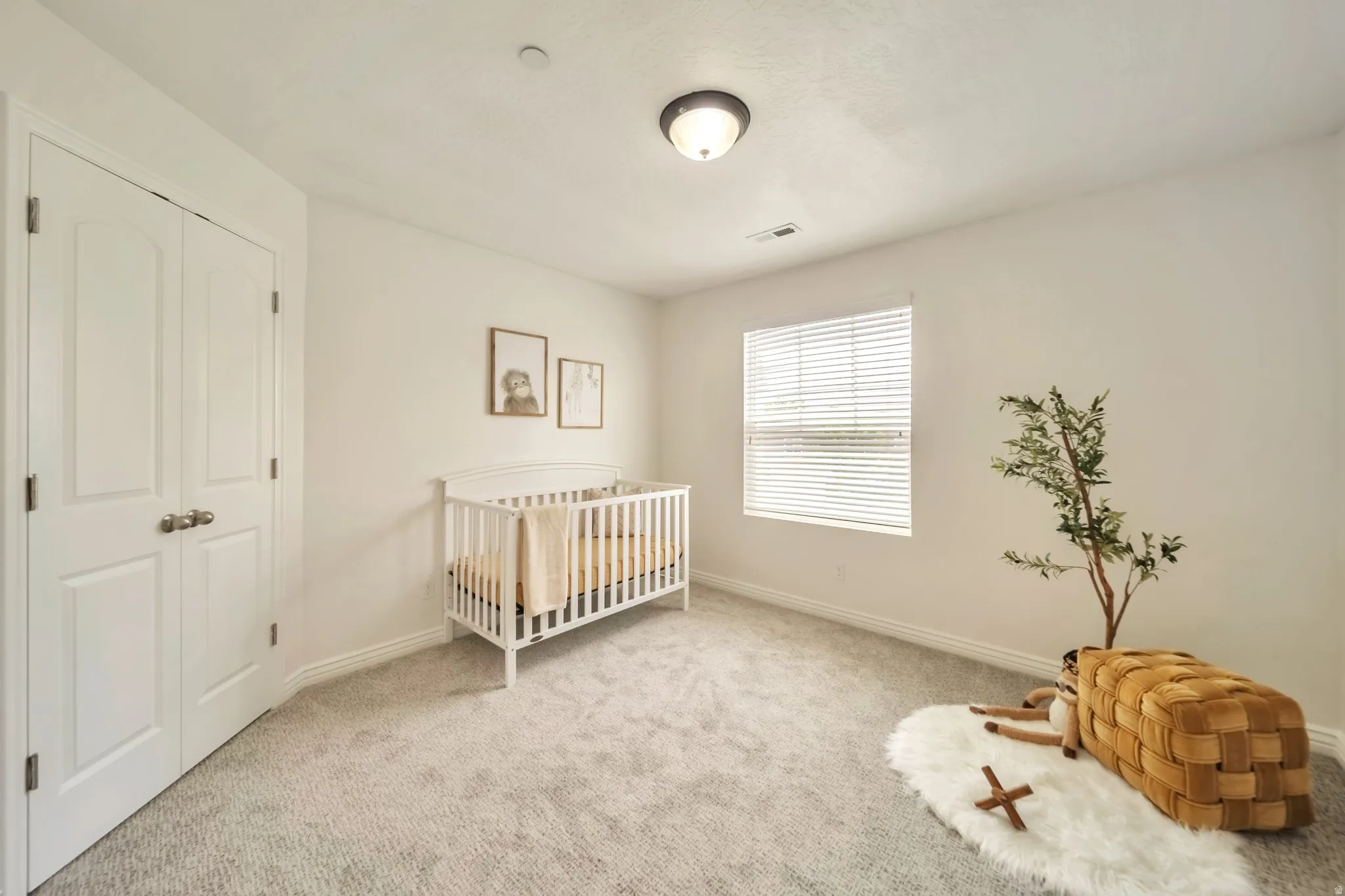 Carpeted bedroom featuring a nursery area and a closet