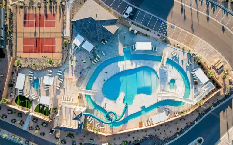 Drone / aerial view of a pool area