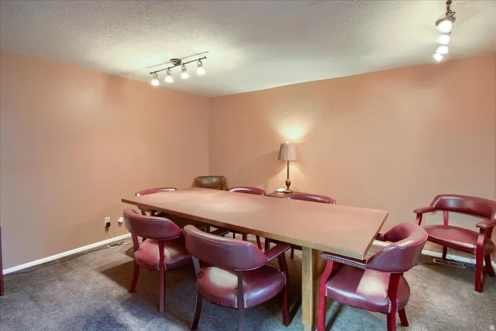 Carpeted dining room with track lighting and a textured ceiling