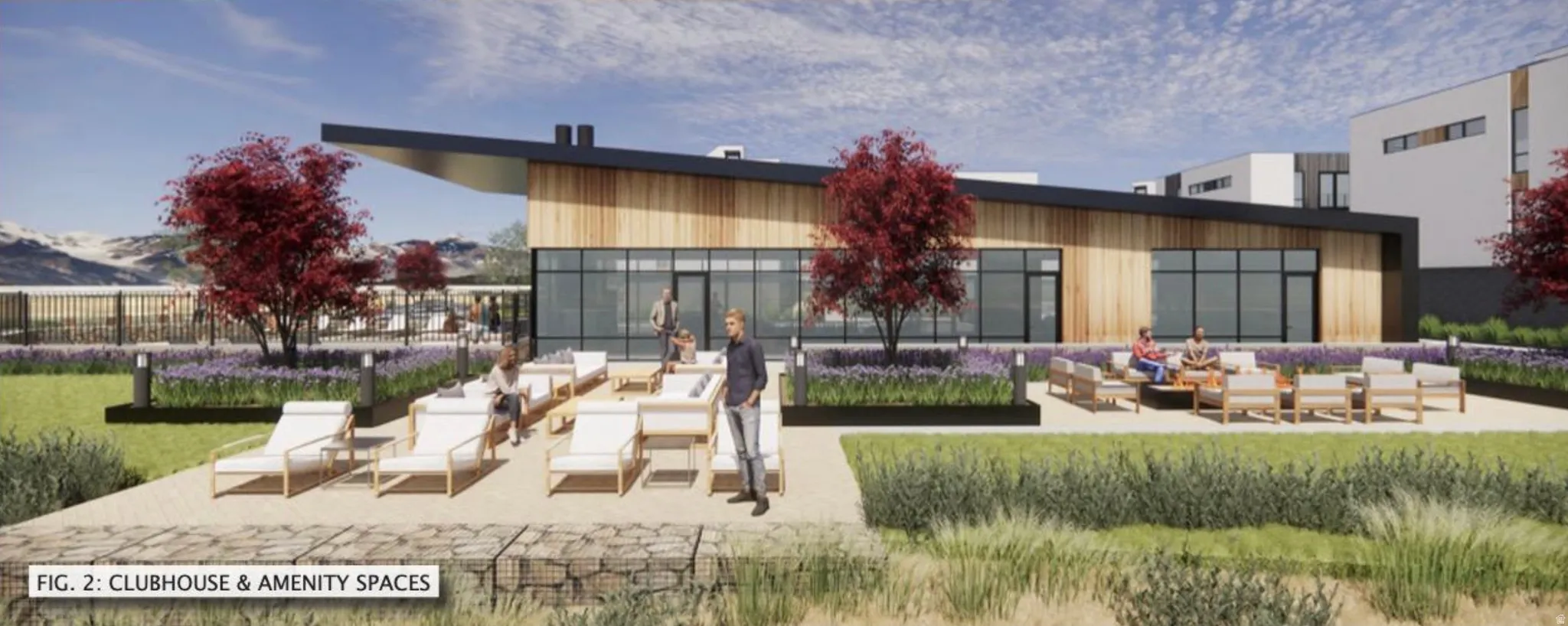 Modern clubhouse featuring a wood-panel exterior, expansive window walls, and a contemporary roofline