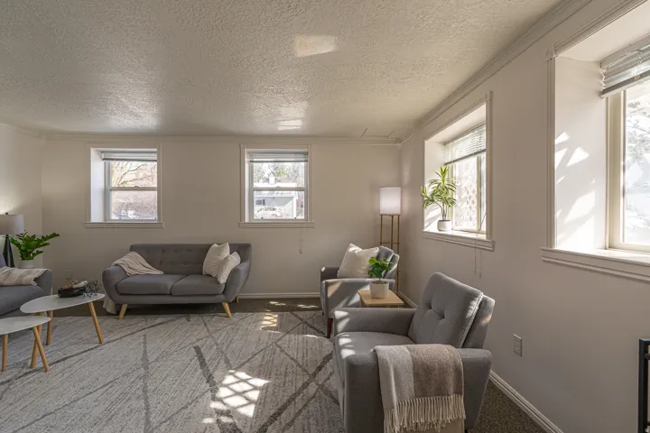 Living area with carpet, a textured ceiling, and ornamental molding