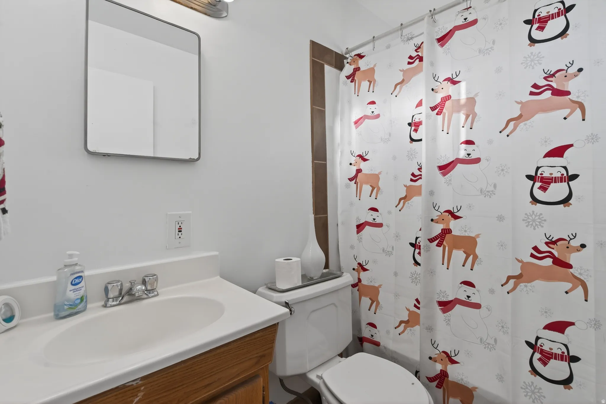 Bathroom with vanity and curtained shower