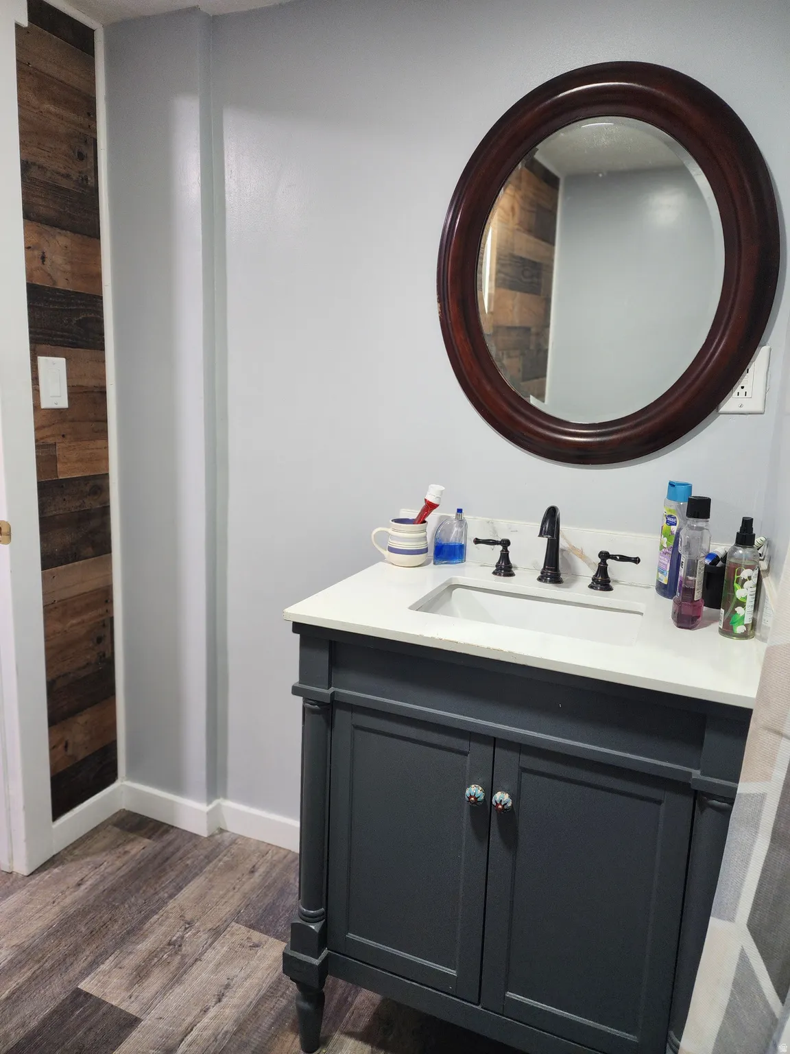 Bathroom featuring vanity and dark wood-type flooring