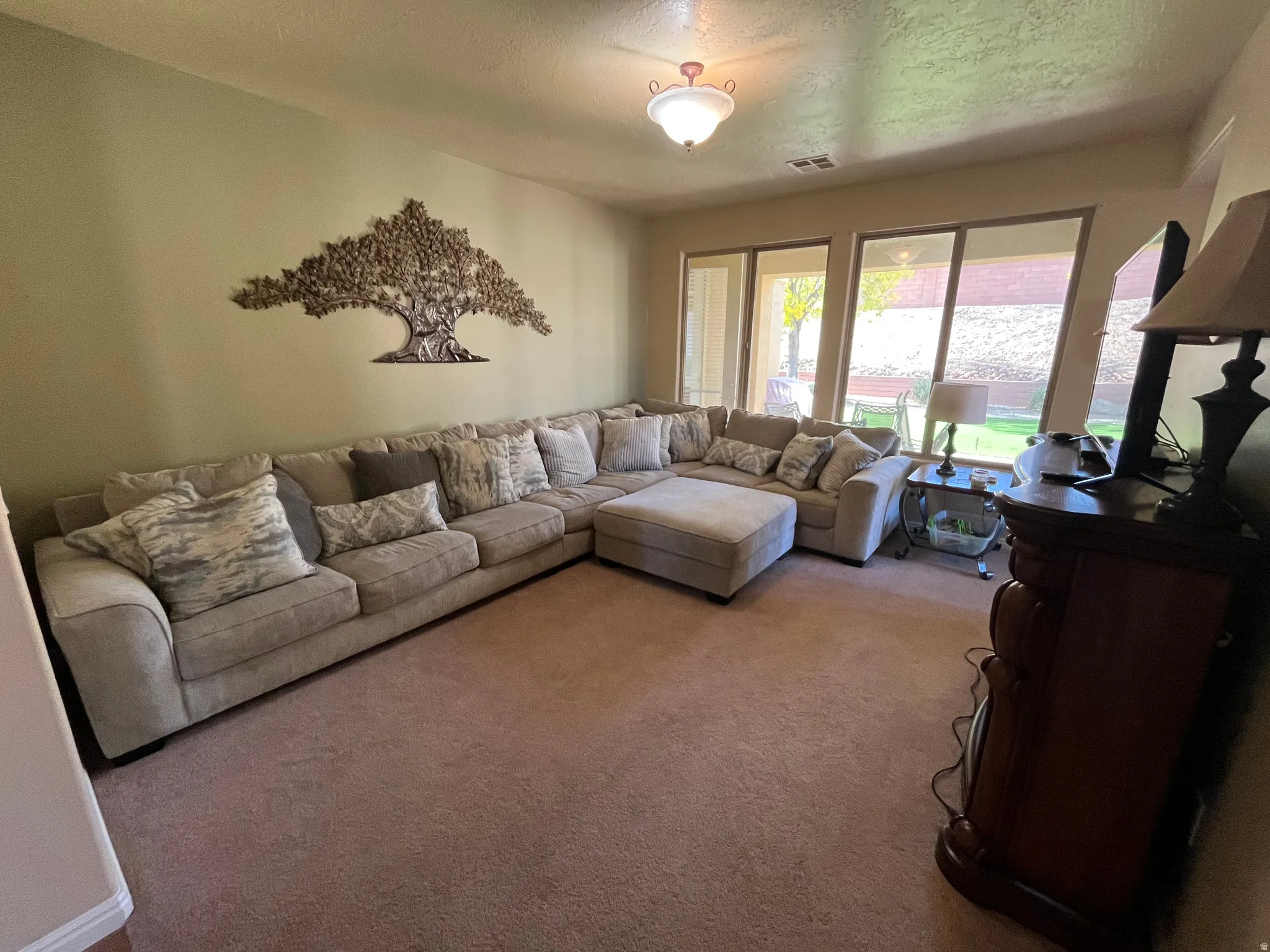 Carpeted living area with a textured ceiling