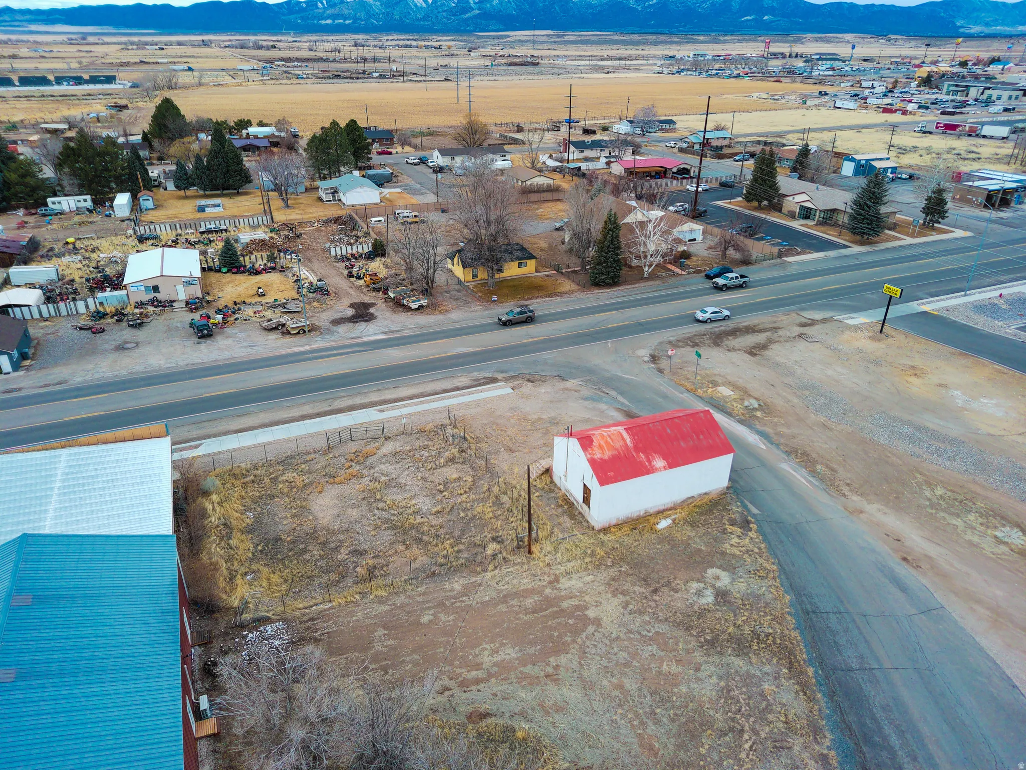 Aerial view of industrial structures and mountains