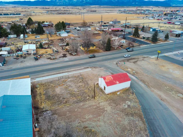 Aerial view of industrial structures and mountains