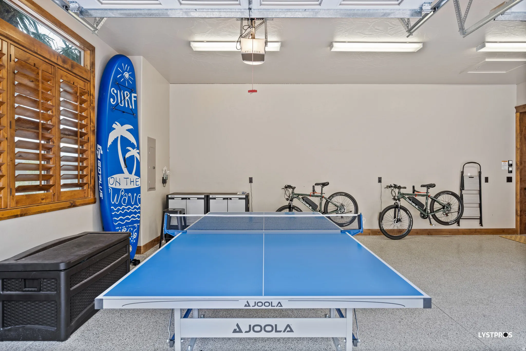 Rec room featuring a garage, electric panel, and healthy amount of natural light
