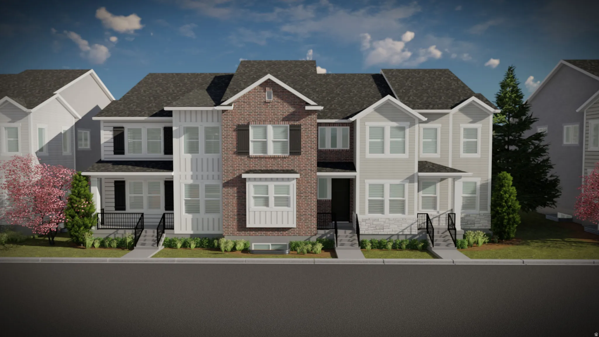 Traditional-style home with a residential view, brick siding, and roof with shingles