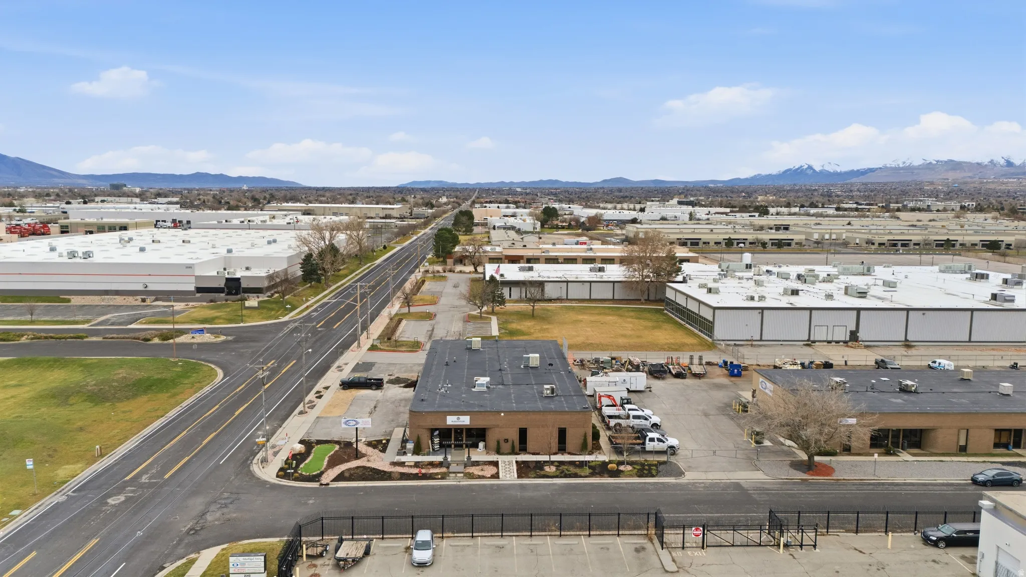 Aerial view of industrial structures and mountains