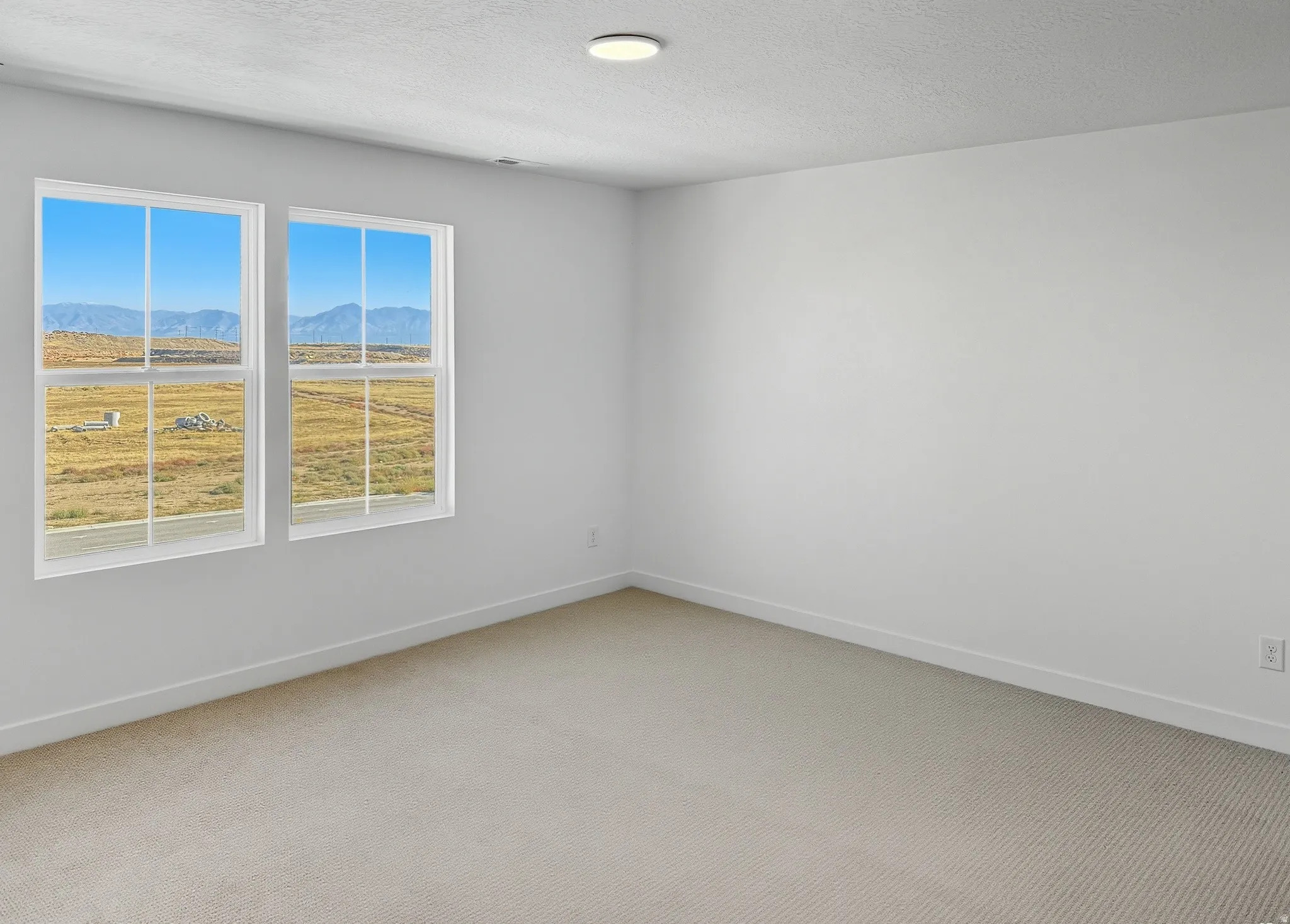 Spare room with a mountain view, a textured ceiling, and light carpet