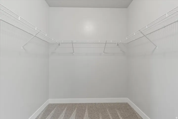 Spacious closet featuring light colored carpet