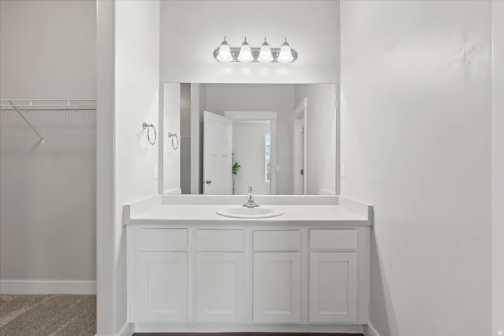 Bathroom featuring vanity and a walk in closet