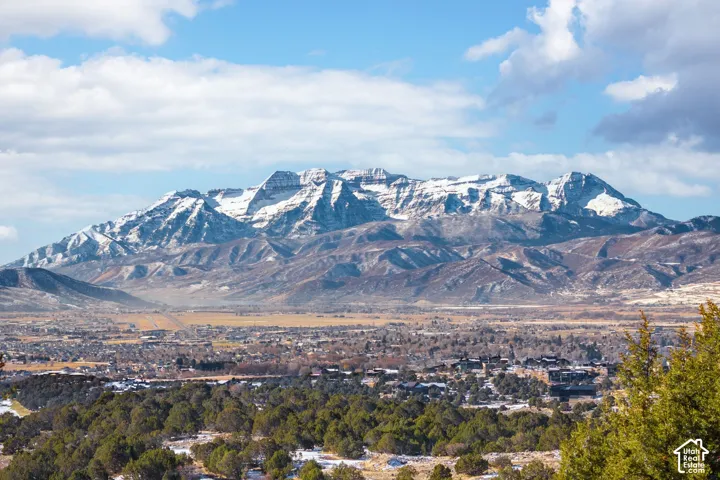 Snow-capped mountain range encompassing a valley with visible residential structures and a foreground of evergreen trees