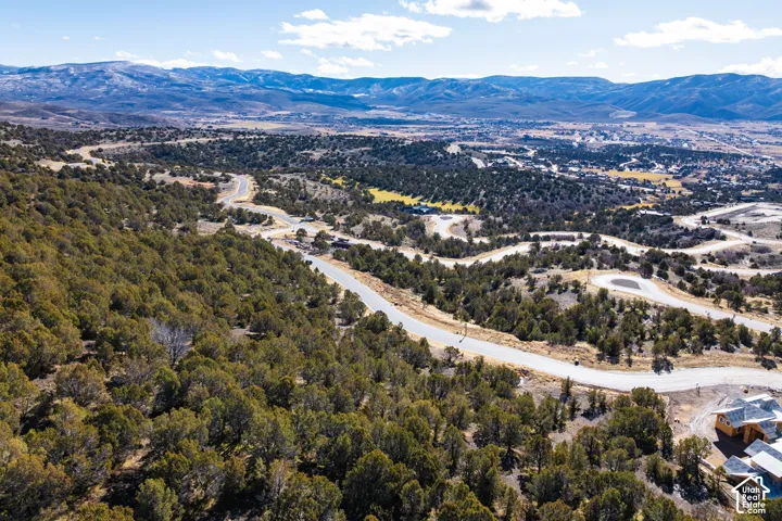 Expansive landscape with a mountainous backdrop, featuring winding roads, abundant trees, and distant community structures