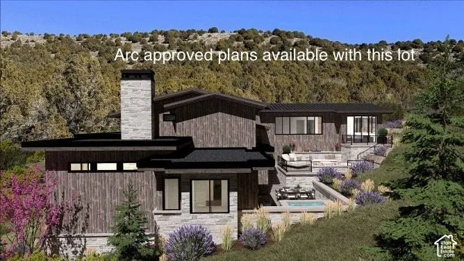 Architectural Rendering. Illustrating an exterior architectural design with associated landscaping