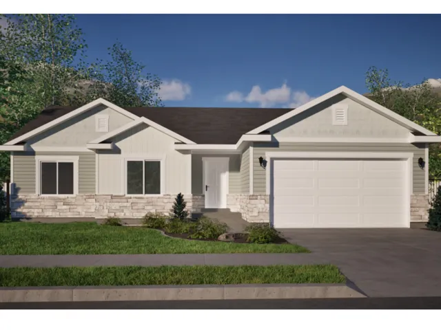 Ranch-style home with stone siding, concrete driveway, a garage, and a front yard