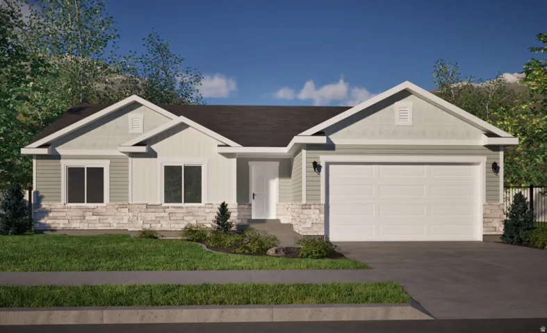 View of front of house featuring stone siding, driveway, a garage, and a front lawn