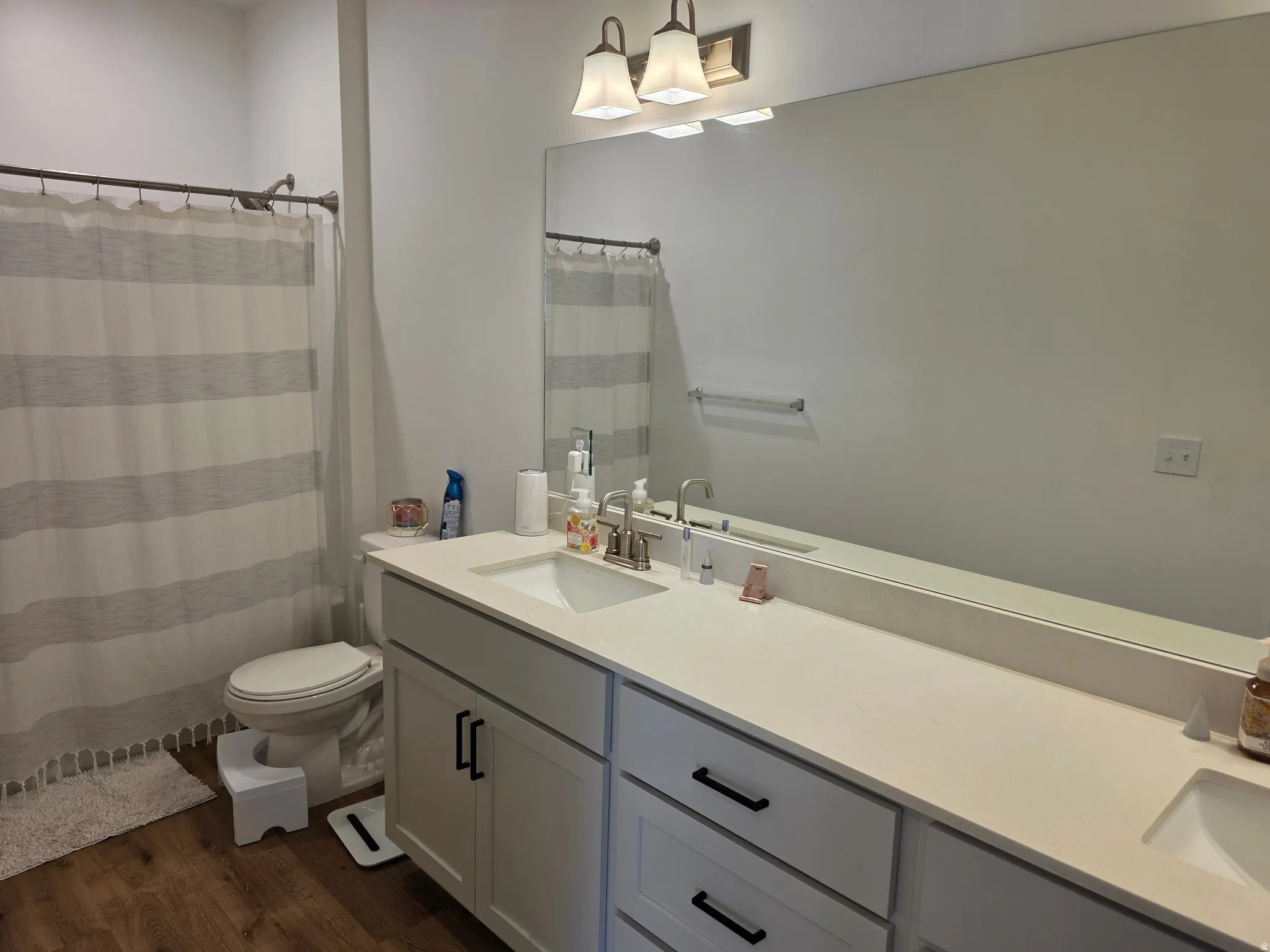 Master Bathroom featuring double vanity, a shower with shower curtain, and dark wood-style floors