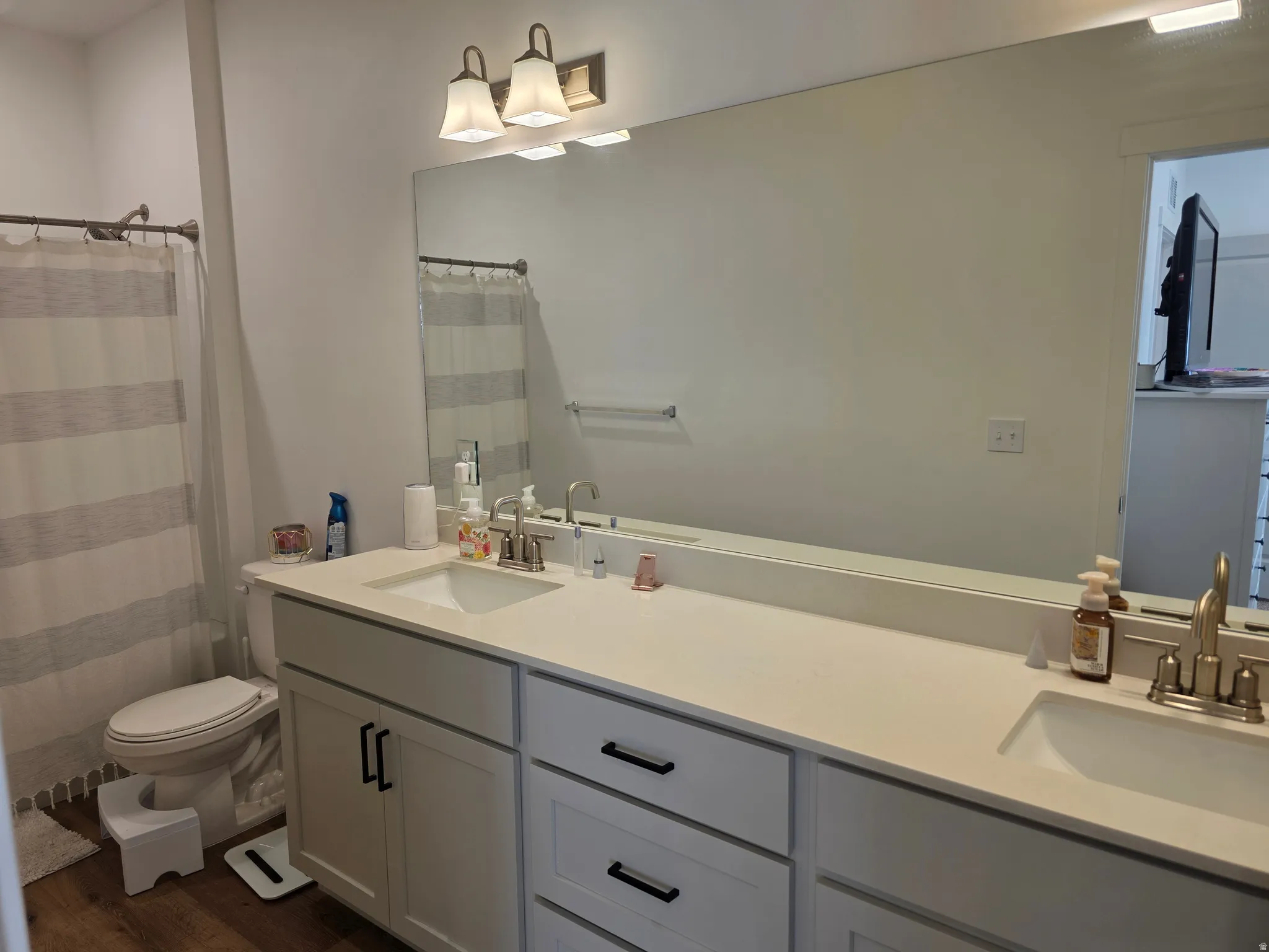 Full master bath with double vanity, curtained shower, and dark wood finished floors
