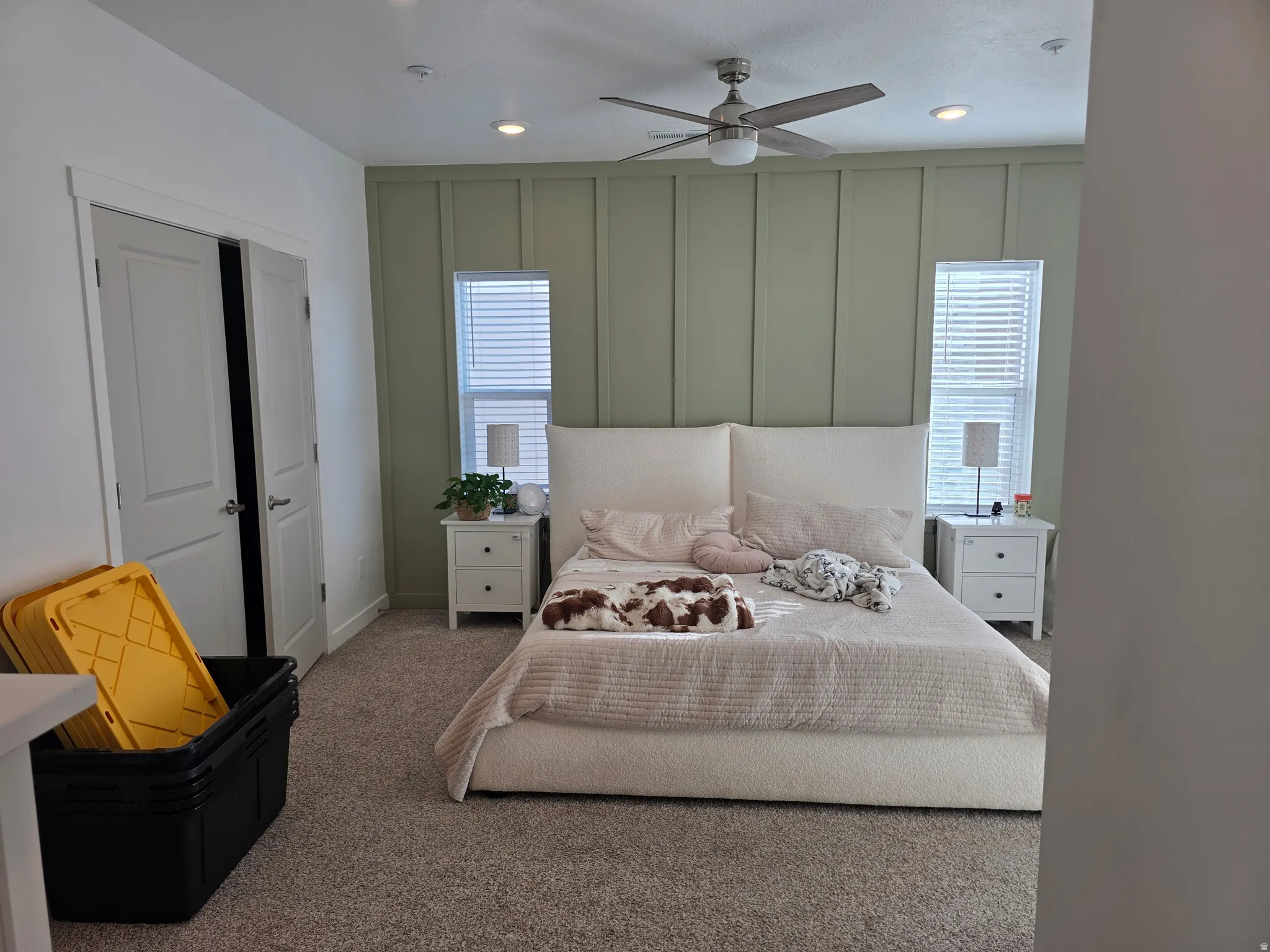 Master Bedroom featuring a decorative wall, light colored carpet, ceiling fan, a closet, and recessed lighting, custom paint accents, with Balcony #2