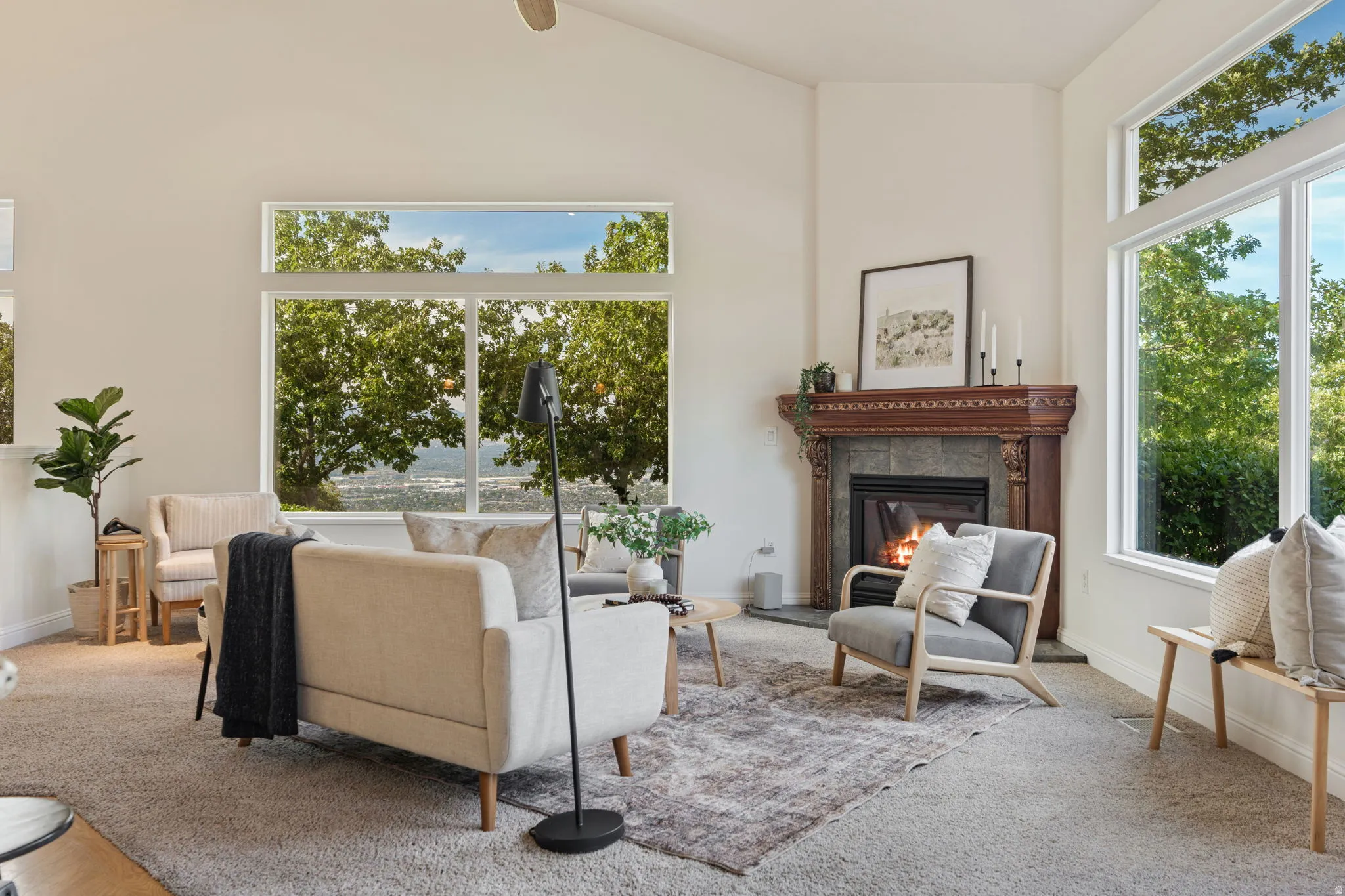 Carpeted living area featuring high vaulted ceiling, a glass covered fireplace, and healthy amount of natural light