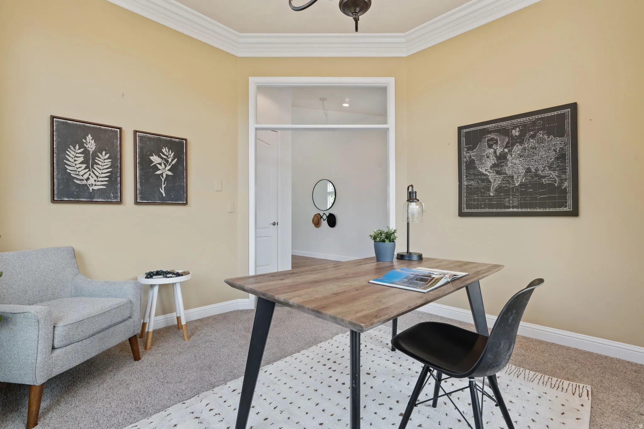 Office/Living room featuring light carpet and crown molding