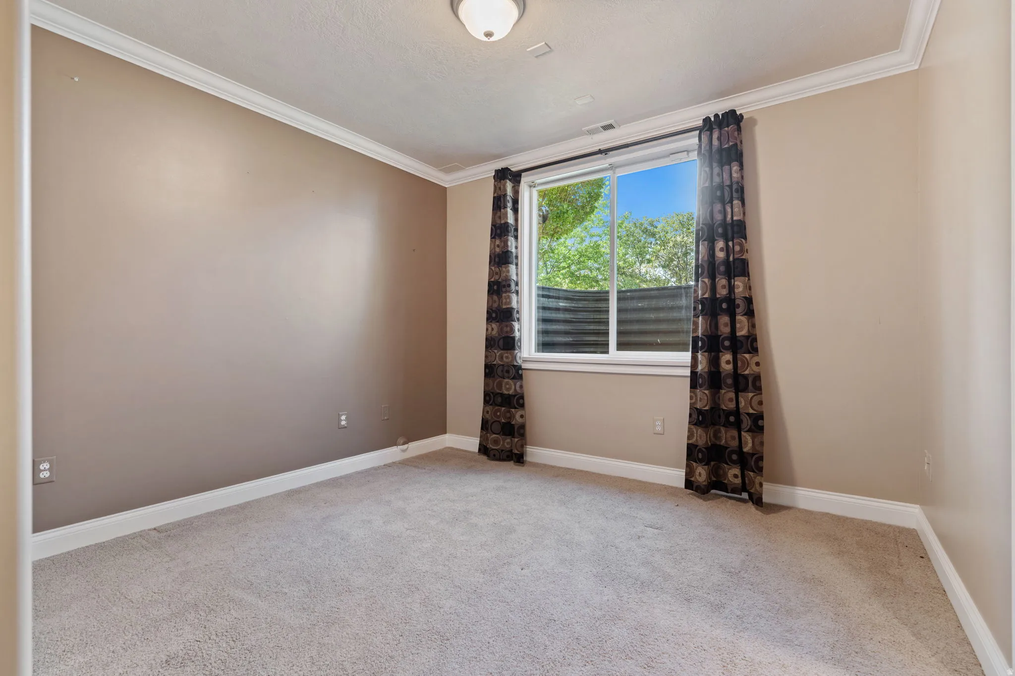 Unfurnished room featuring crown molding and light carpet