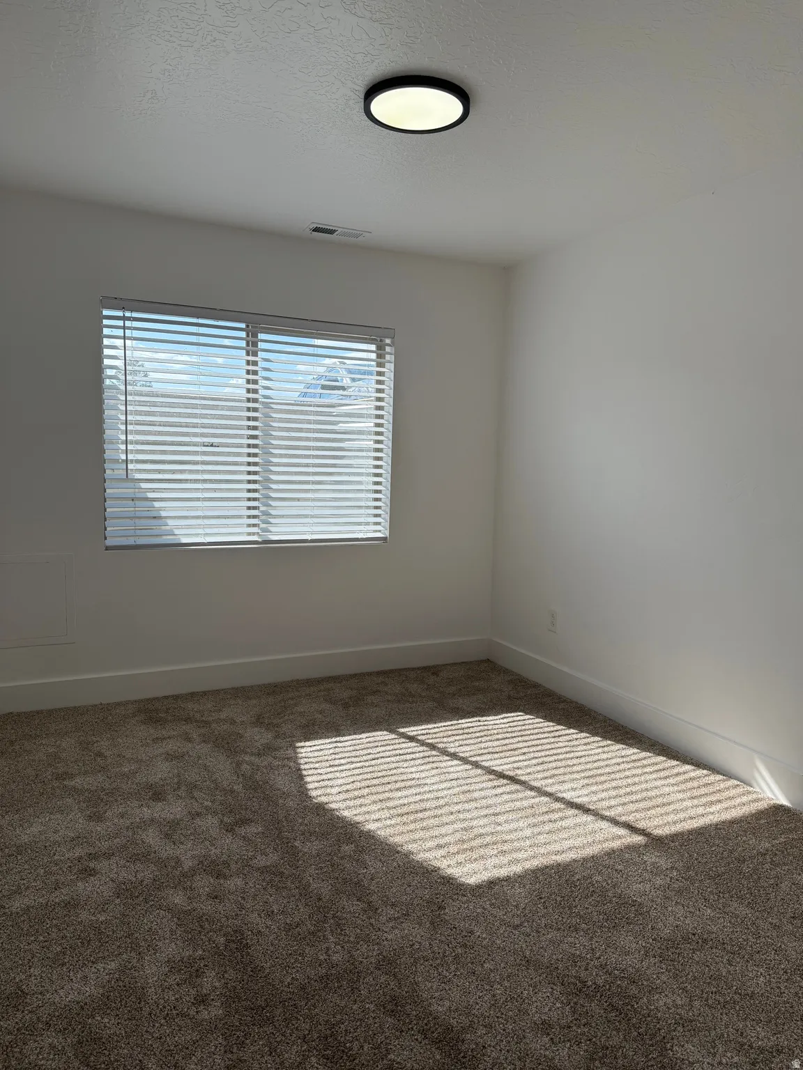 Carpeted empty room with a textured ceiling and baseboards