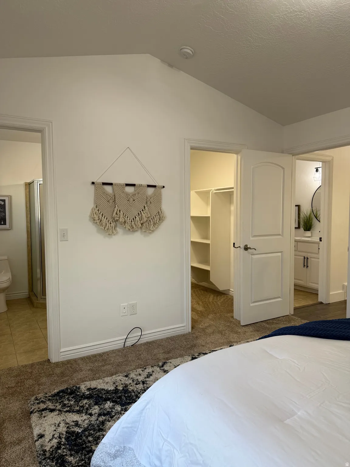 Bedroom featuring ensuite bathroom, light colored carpet, lofted ceiling, and a spacious closet